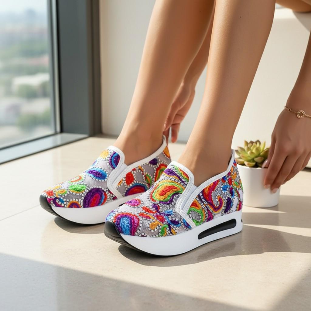 Colorful Paisley Sneakers, Women's Platform Slip On Shoes, Boho Wedge Sneakers