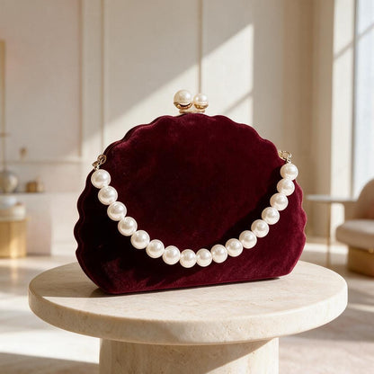 Burgundy Pearl Clutch, Velvet Evening Purse, Pearl Trim Bag, Wedding Guest Clutch, Elegant Formal Handbag