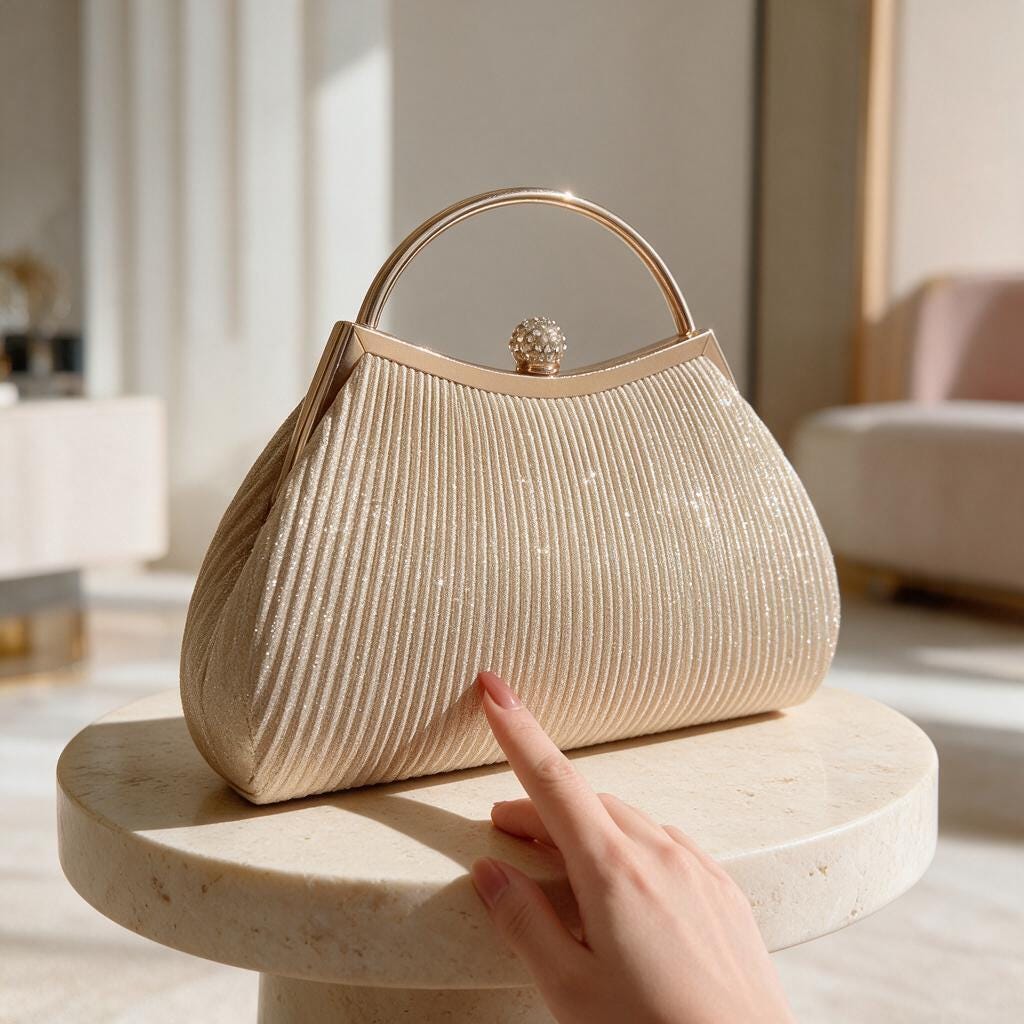 Champagne Gold Pleated Clutch, Top Handle Evening Bag, Wedding Guest Purse