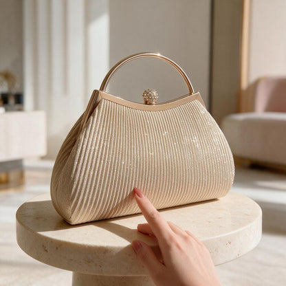 Champagne Gold Pleated Clutch, Top Handle Evening Bag, Wedding Guest Purse
