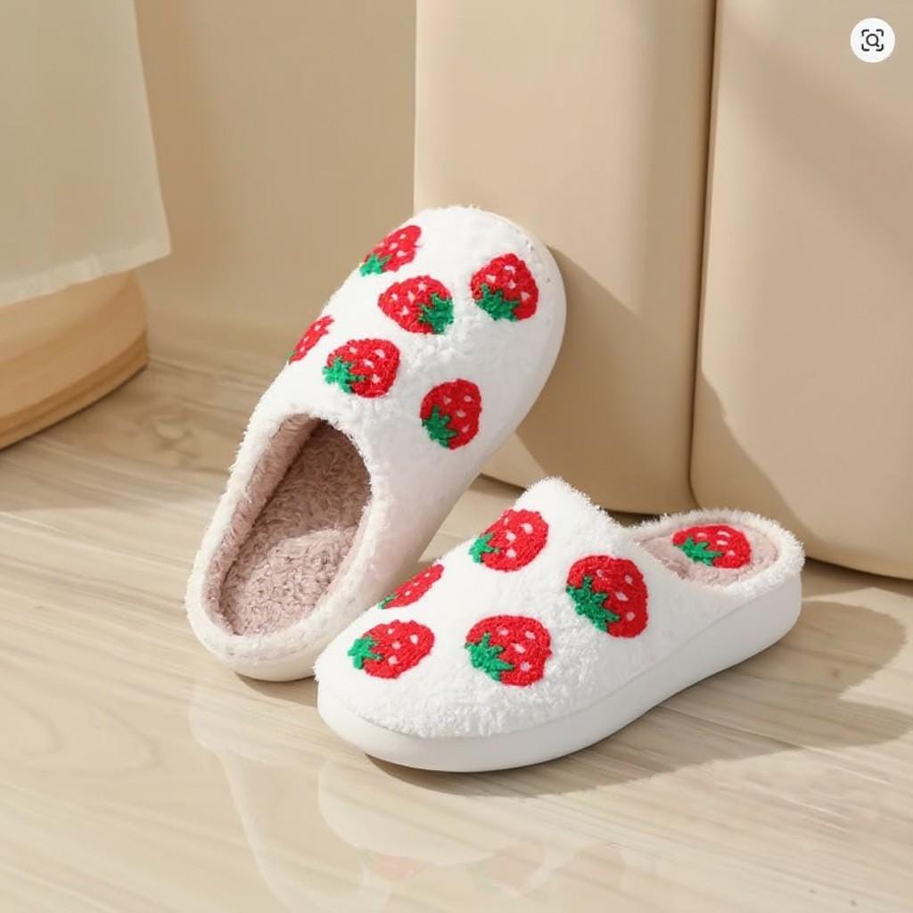 Strawberry Slippers, Cute Fuzzy House Shoes, Cozy Fruit Slippers