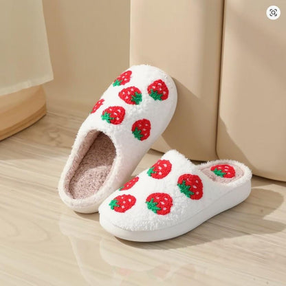 Strawberry Slippers, Cute Fuzzy House Shoes, Cozy Fruit Slippers
