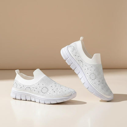 White Rhinestone Slip On Sneakers, Women's Sparkle Knit Shoes, Embellished Casual Sneakers