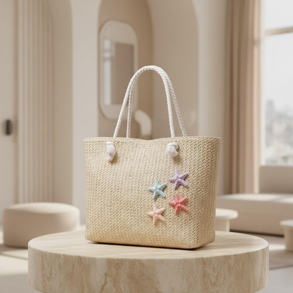 Starfish Beach Tote Bag, Natural Woven Shoulder Bag, Coastal Summer Purse, Large Vacation Tote for Women
