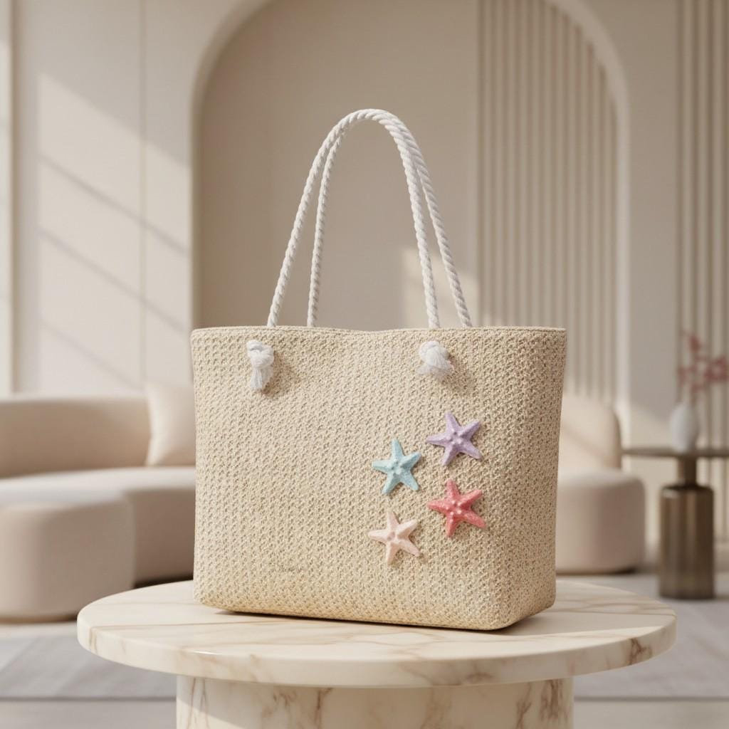 Starfish Beach Tote Bag, Natural Woven Shoulder Bag, Coastal Summer Purse, Large Vacation Tote for Women