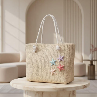 Starfish Beach Tote Bag, Natural Woven Shoulder Bag, Coastal Summer Purse, Large Vacation Tote for Women
