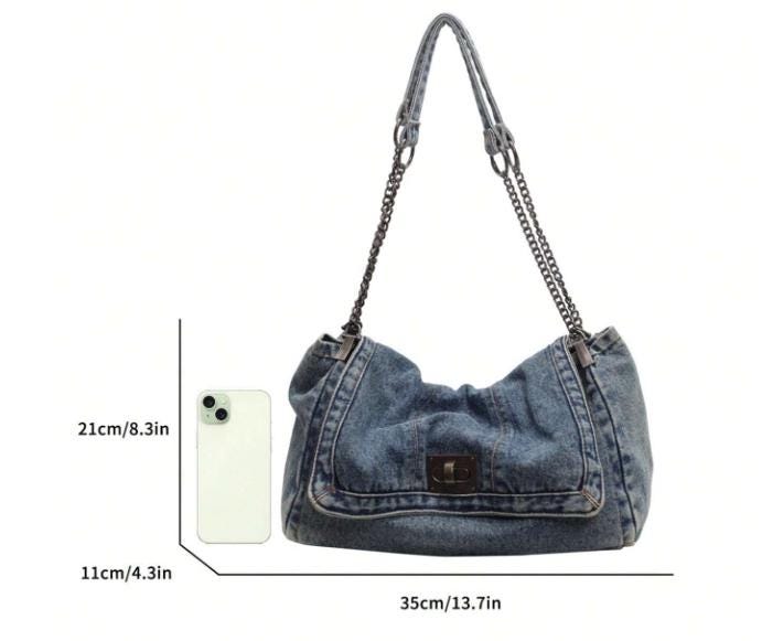 Denim Shoulder Bag, Blue Jean Purse, Y2K Baguette Handbag, Chain Strap Crossbody Bag