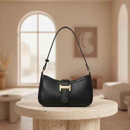 Black Shoulder Bag, Y2K Baguette Purse, Black Handbag, Gold Buckle Bag, Minimalist Everyday Purse