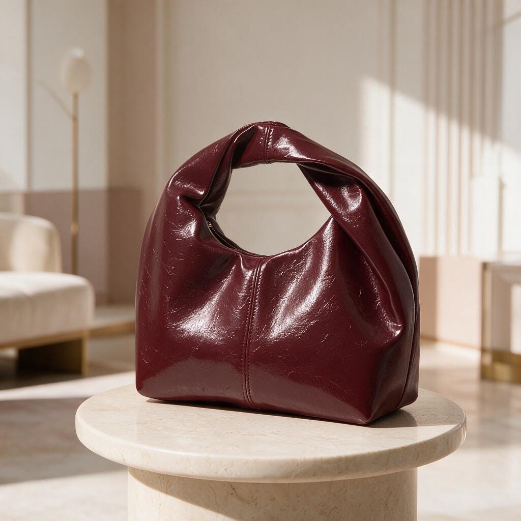 Burgundy Hobo Bag, Glossy Wine Red Shoulder Bag, Slouchy Handbag, Minimalist Purse, Ruched Handle Bag, Y2K Inspired Bag