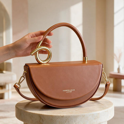 Brown Half Moon Shoulder Bag, Structured Top Handle Purse, Crescent Crossbody Handbag, Caramel Everyday Bag, Gold Accent Purse