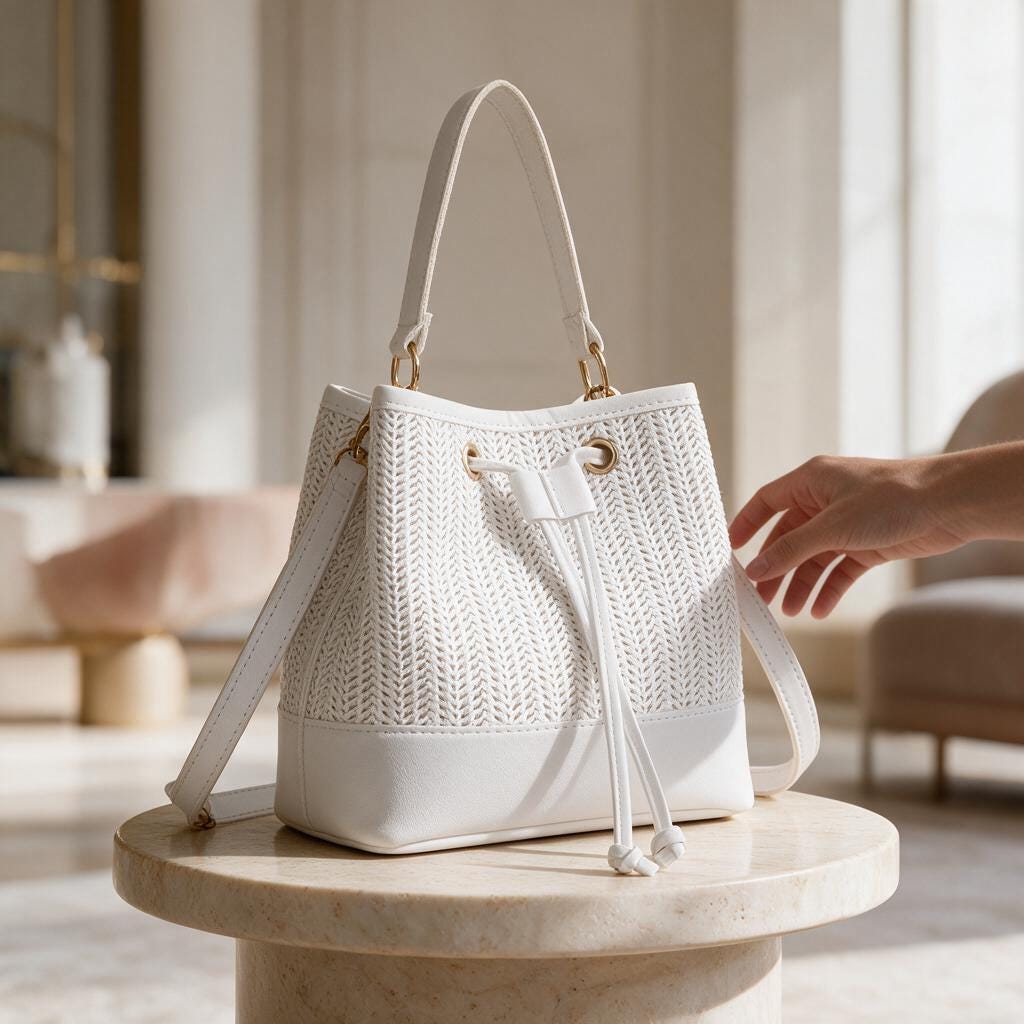 White Bucket Bag, Drawstring Shoulder Purse, Textured Summer Bag, Boho Inspired Handbag, White Casual Womens Bag