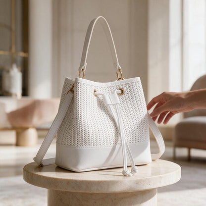 White Bucket Bag, Drawstring Shoulder Purse, Textured Summer Bag, Boho Inspired Handbag, White Casual Womens Bag