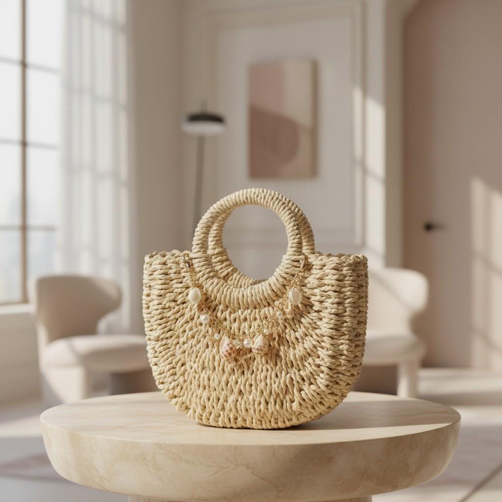 Woven Basket Bag, Natural Top Handle Purse, Boho Shell Charm Summer Handbag