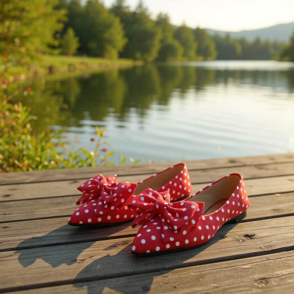 Red Polka Dot Ballet Flats, Pointed Toe Bow Shoes, Vintage Ballerina Flats