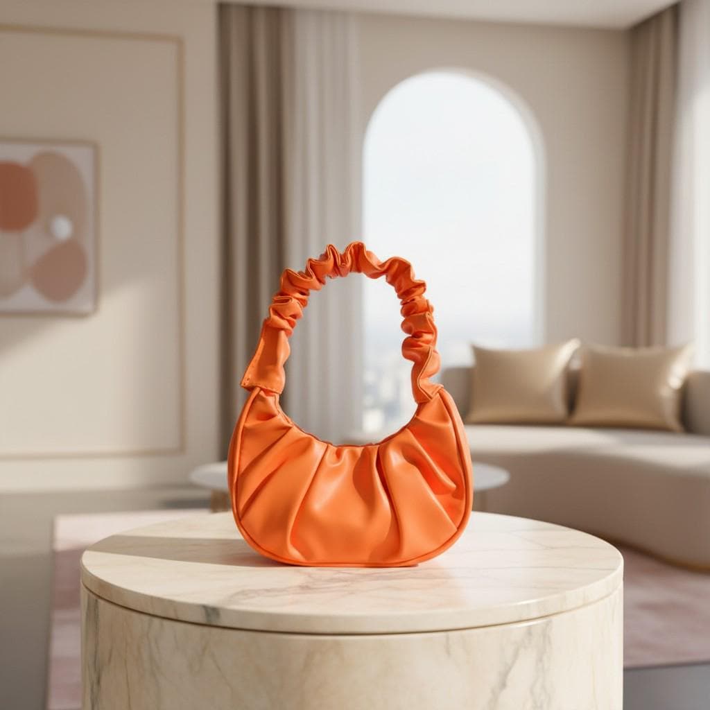 Orange Ruched Shoulder Bag, Gathered Hobo Purse, Scrunchie Handle Handbag, Y2K Underarm Bag, Trendy Everyday Purse