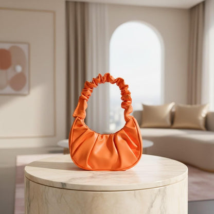 Orange Ruched Shoulder Bag, Gathered Hobo Purse, Scrunchie Handle Handbag, Y2K Underarm Bag, Trendy Everyday Purse