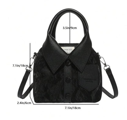 Black Top Handle Bag, Women's Shoulder Crossbody Purse, Collared Satchel Handbag, Casual Structured Bag, Everyday Purse