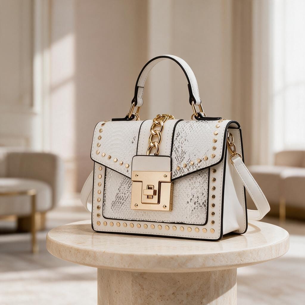 White Snake Print Handbag, Studded Shoulder Bag, Structured Flap Purse, Gold Chain Crossbody Bag, Women's Top Handle Bag