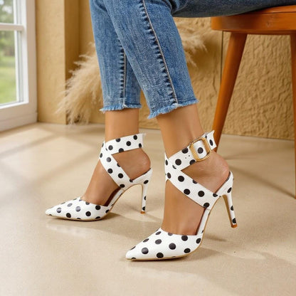 White Polka Dot Heels, Ankle Strap Pumps, Pointed Toe Stiletto Shoes