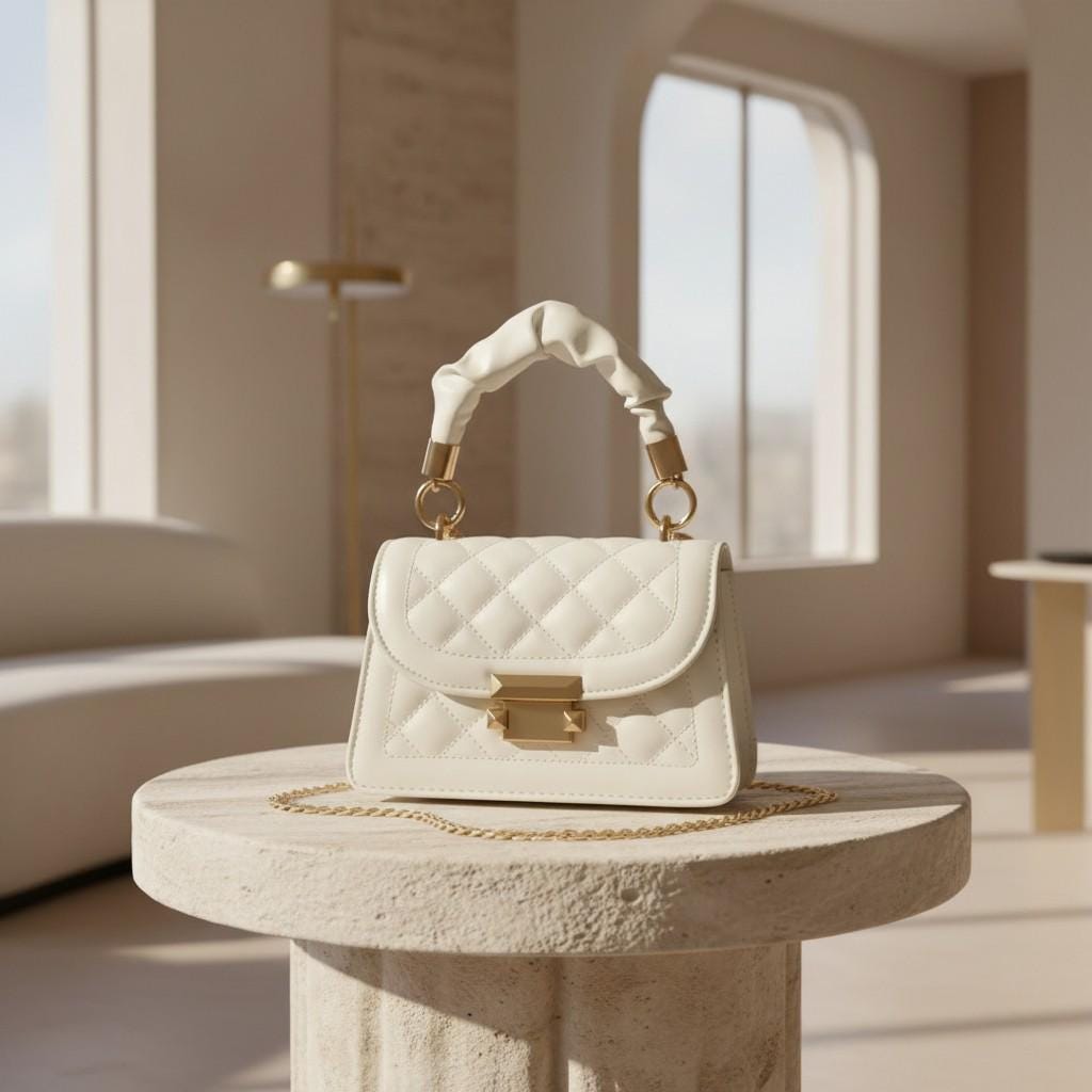White Quilted Top Handle Bag, Gold Chain Shoulder Purse, Structured Crossbody Handbag, Elegant Flap Bag
