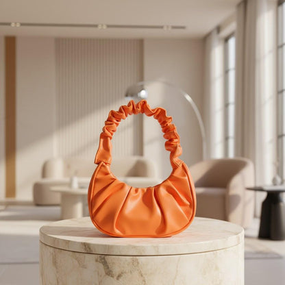 Orange Ruched Shoulder Bag, Gathered Hobo Purse, Scrunchie Handle Handbag, Y2K Underarm Bag, Trendy Everyday Purse