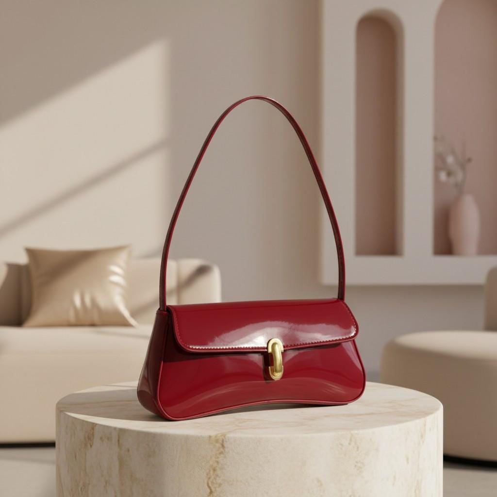 Burgundy Shoulder Bag, Red Baguette Purse, Glossy Evening Handbag, Mini Flap Bag, Chic Date Night Purse