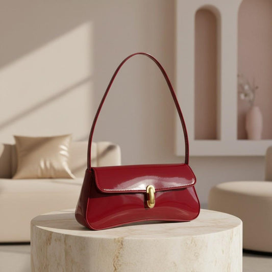 Burgundy Shoulder Bag, Red Baguette Purse, Glossy Evening Handbag, Mini Flap Bag, Chic Date Night Purse