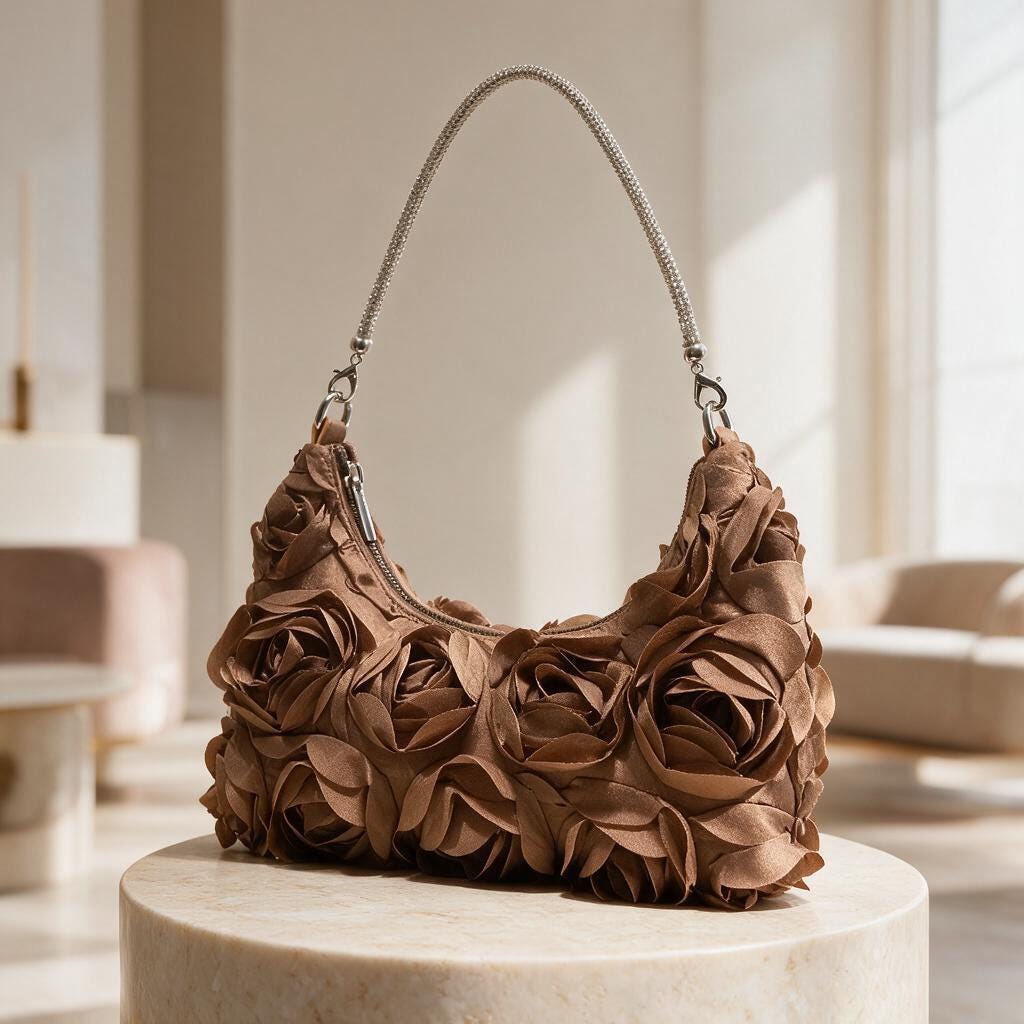 Floral Shoulder Bag, Rose Flower Purse, Brown Baguette Bag, Romantic Handbag, 3D Flower Statement Bag