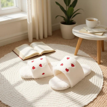 Heart Slippers, Fuzzy White House Slides, Cute Valentine Slippers