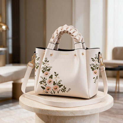 Floral Embroidered Tote Bag, White Shoulder Bag, Braided Handle Purse, Crossbody Bag, Women's Floral Handbag, Gift for Her