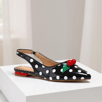 Black Cherry Slingback Flats, Polka Dot Shoes, Red Cherry Embellished Pointed Toe Flats, Retro Pin Up Shoes