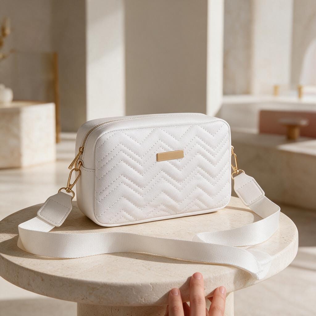 White Quilted Crossbody Bag, Chevron Shoulder Purse, White Handbag, Zigzag Quilted Bag, Adjustable Strap Crossbody