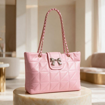 Pink Quilted Shoulder Bag, Bow Handbag, Chain Strap Purse, Cute Womens Pink Bag