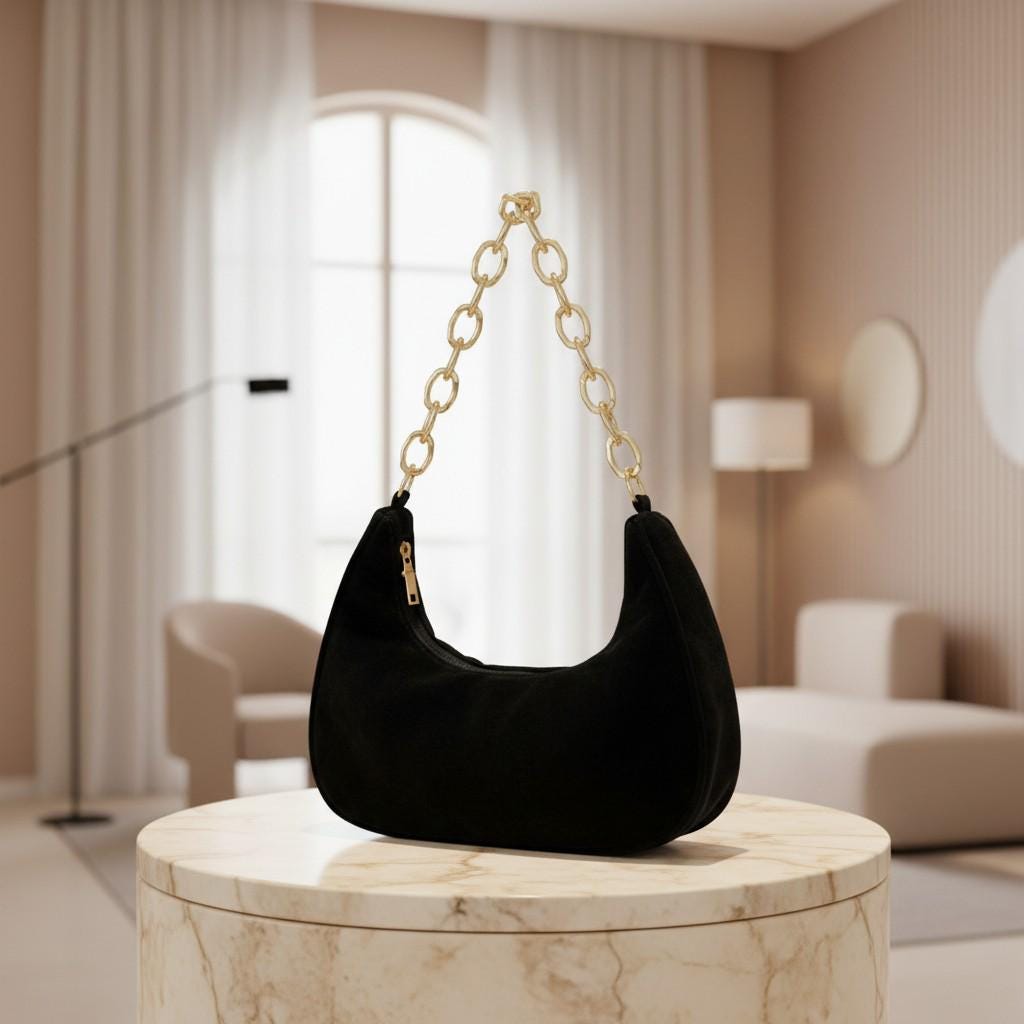 Black Crescent Shoulder Bag for Women, Small Hobo Purse, Gold Chain Strap Handbag, Minimalist Everyday Bag