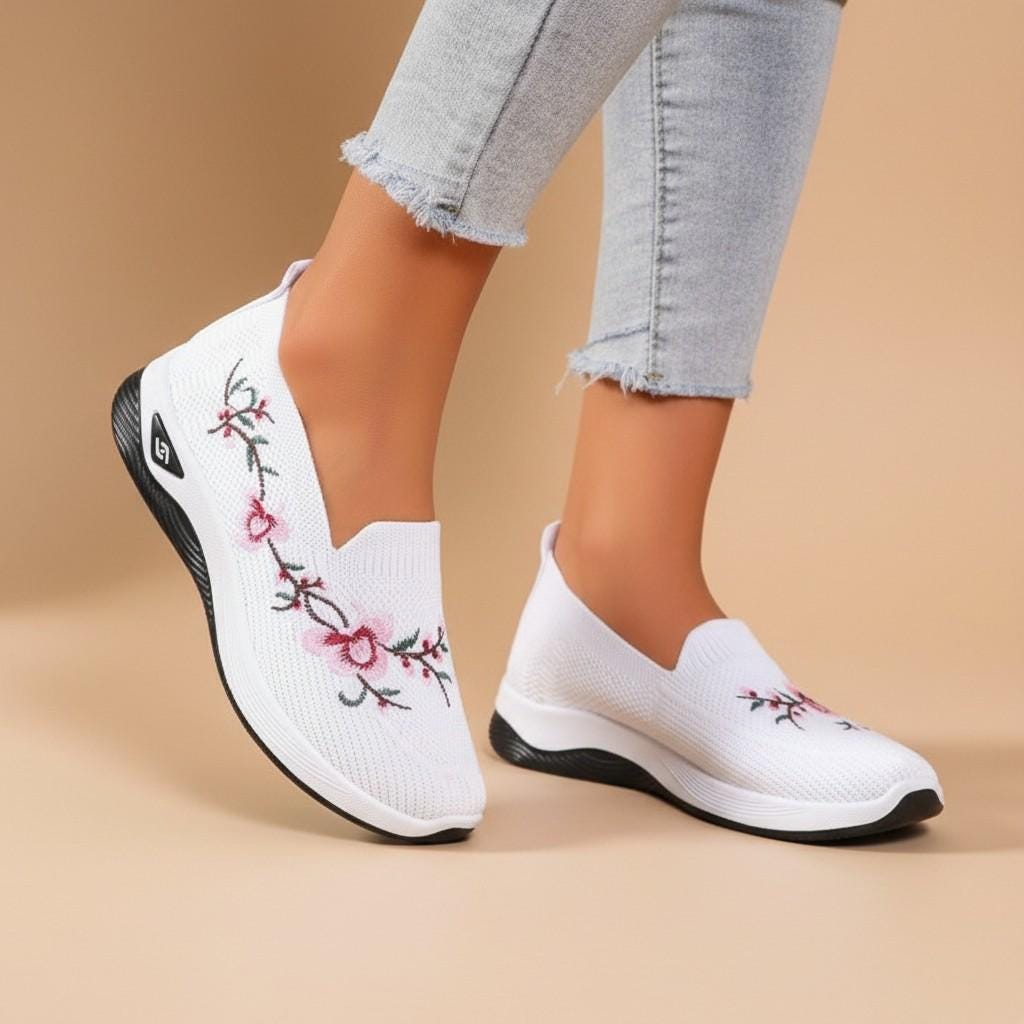 Floral Embroidered Slip On Sneakers, Women's White Knit Shoes, Casual Summer Sneakers