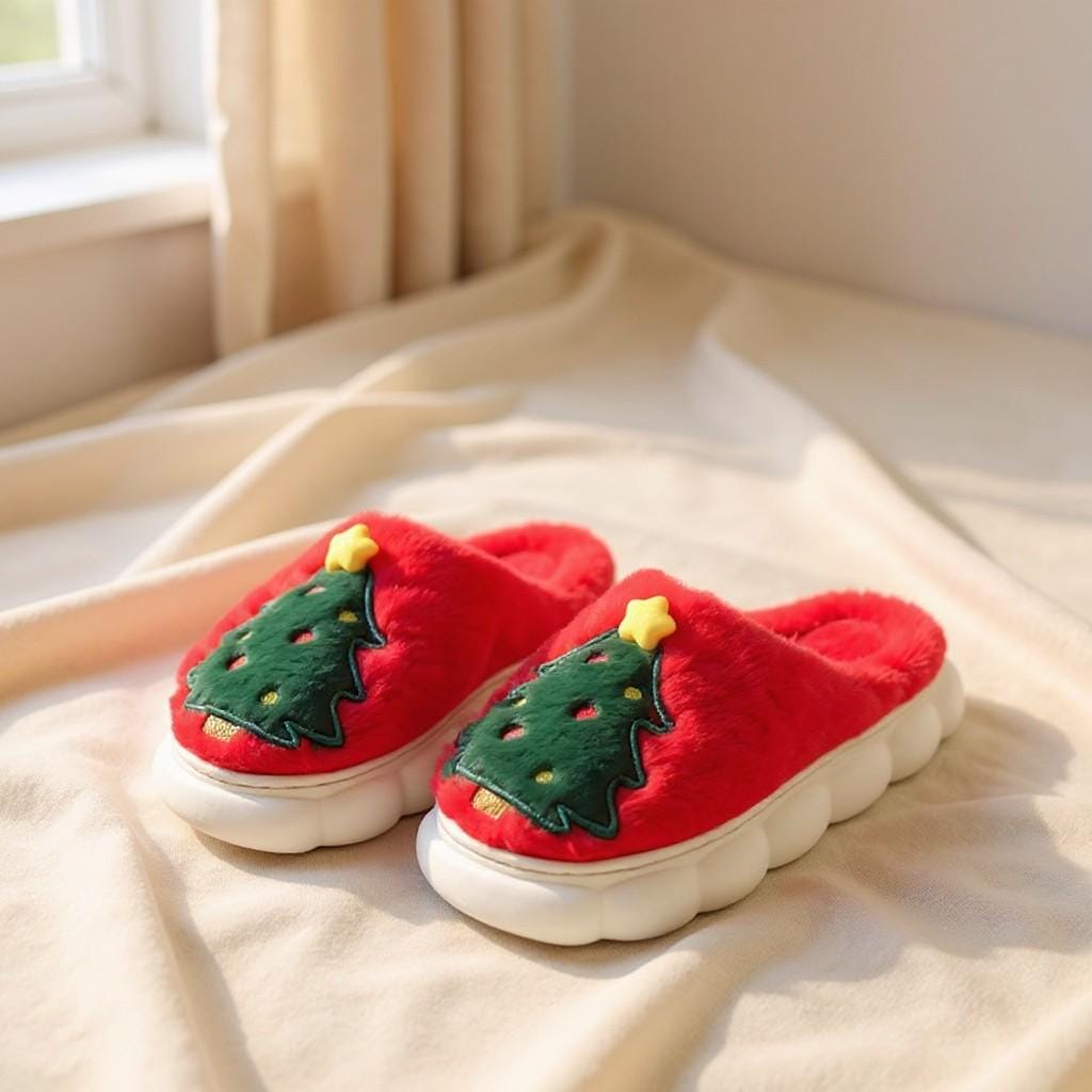 Christmas Tree Slippers, Red Fuzzy House Shoes, Cozy Holiday Slippers