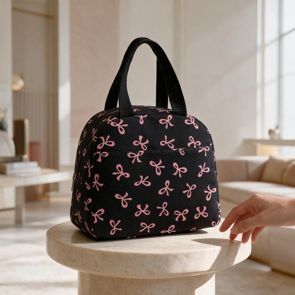 Black Bowler Bag with Pink Bows, Cute Top Handle Handbag, Feminine Everyday Purse