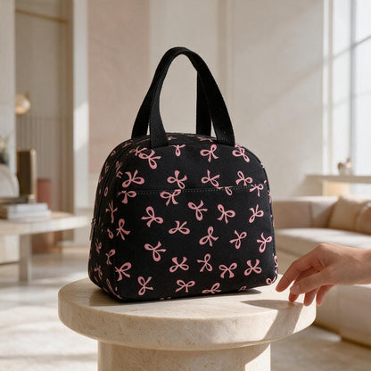 Black Bowler Bag with Pink Bows, Cute Top Handle Handbag, Feminine Everyday Purse