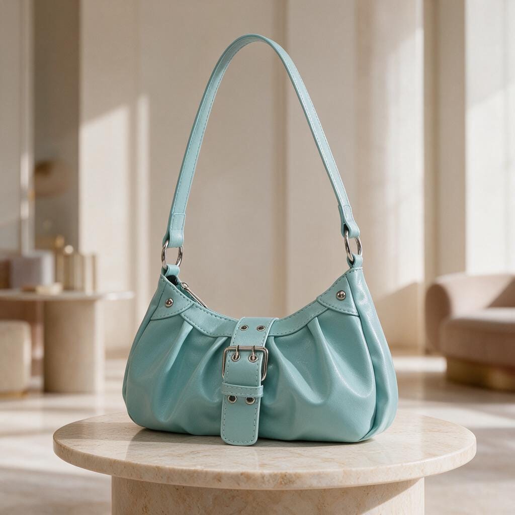 Aqua Blue Shoulder Bag, Y2K Hobo Purse, Ruched Underarm Bag, Buckle Detail Handbag, Retro 90s Style Purse, Cute Everyday Bag
