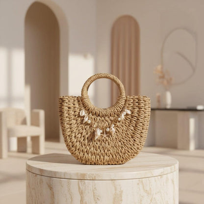 Woven Top Handle Bag, Natural Boho Handbag, Shell Charm Summer Purse