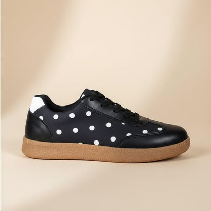 Black Polka Dot Sneakers for Women, Retro Lace Up Shoes, White Dot Casual Footwear