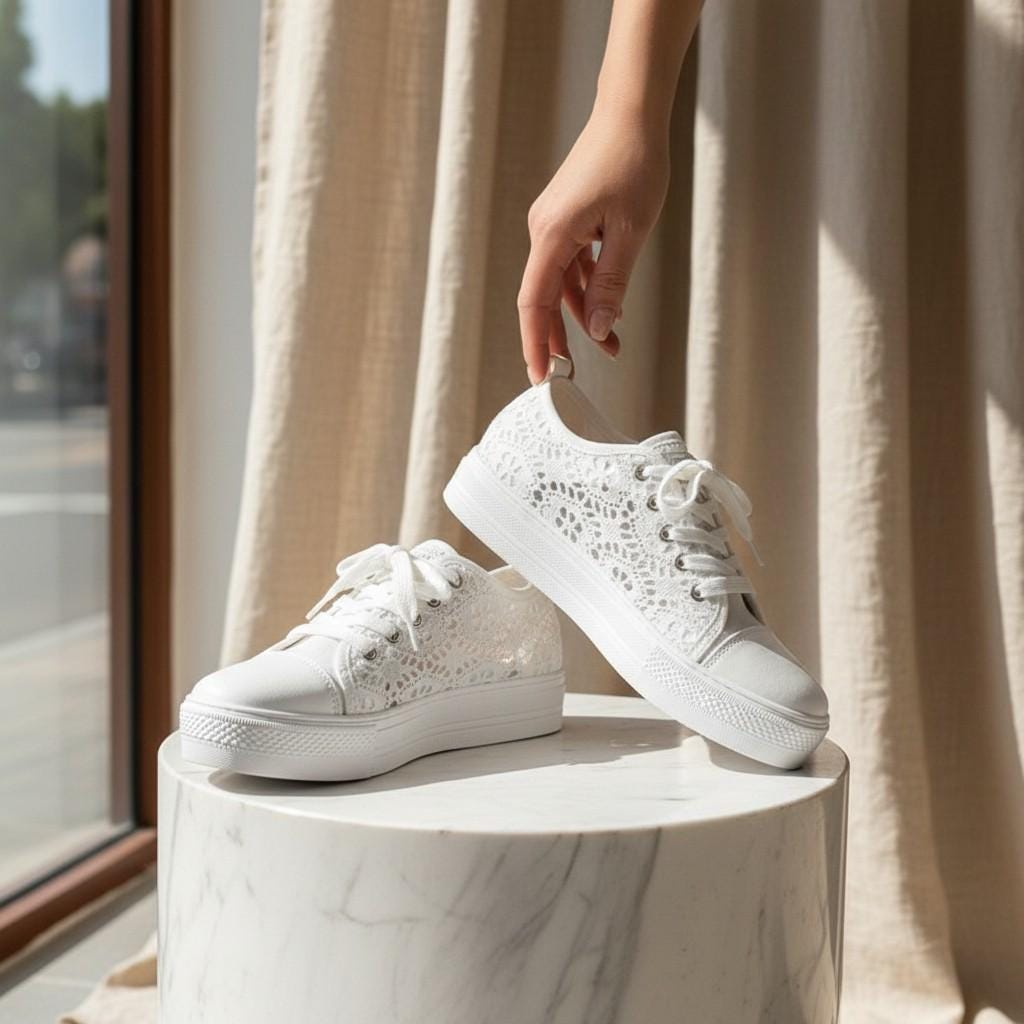 Lace Bridal Sneakers, White Wedding Shoes for Bride, Floral Lace Platform Trainers