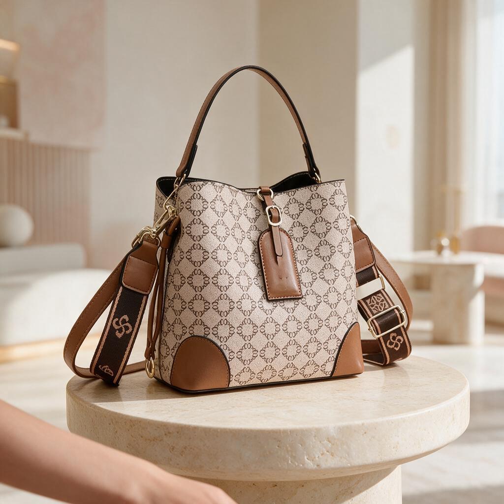 Beige Bucket Bag, Brown Shoulder Bag, Women's Crossbody Purse, Patterned Everyday Handbag, Adjustable Strap