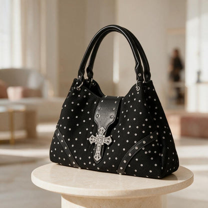 Gothic Cross Purse, Black Shoulder Bag, Alternative Handbag, Studded Polka Dot Bag, Gothic Fashion Accessory