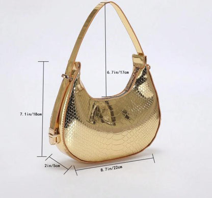 Metallic Gold Shoulder Bag, Reptile Texture Hobo Purse, Shiny Gold Handbag, Statement Evening Bag, Y2K Bag