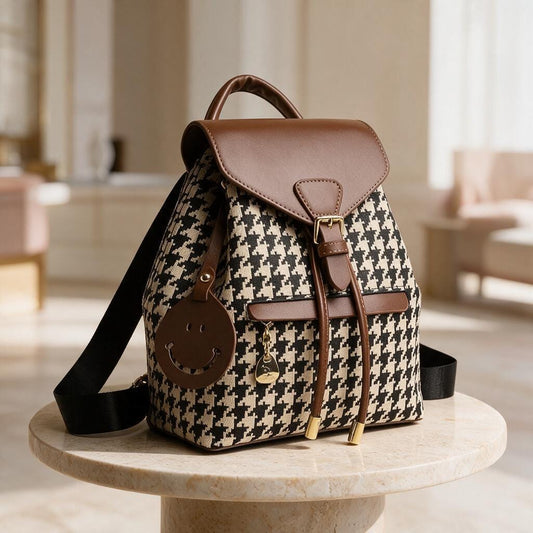 Houndstooth Backpack Purse, Women's Pattern Backpack, Brown Flap Mini Backpack, Stylish Everyday Bag