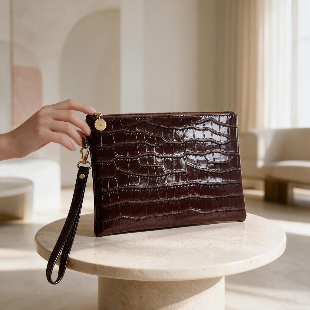 Brown Crocodile Clutch Bag, Glossy Wristlet Purse, Embossed Brown Evening Bag, Croc Print Pouch, Dark Brown Party Bag