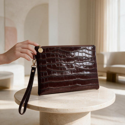 Brown Crocodile Clutch Bag, Glossy Wristlet Purse, Embossed Brown Evening Bag, Croc Print Pouch, Dark Brown Party Bag