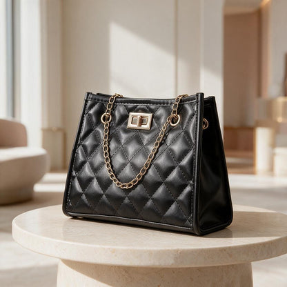 Black Quilted Shoulder Bag, Chain Strap Handbag, Diamond Stitch Purse, Structured Crossbody Bag, Elegant Women's Bag
