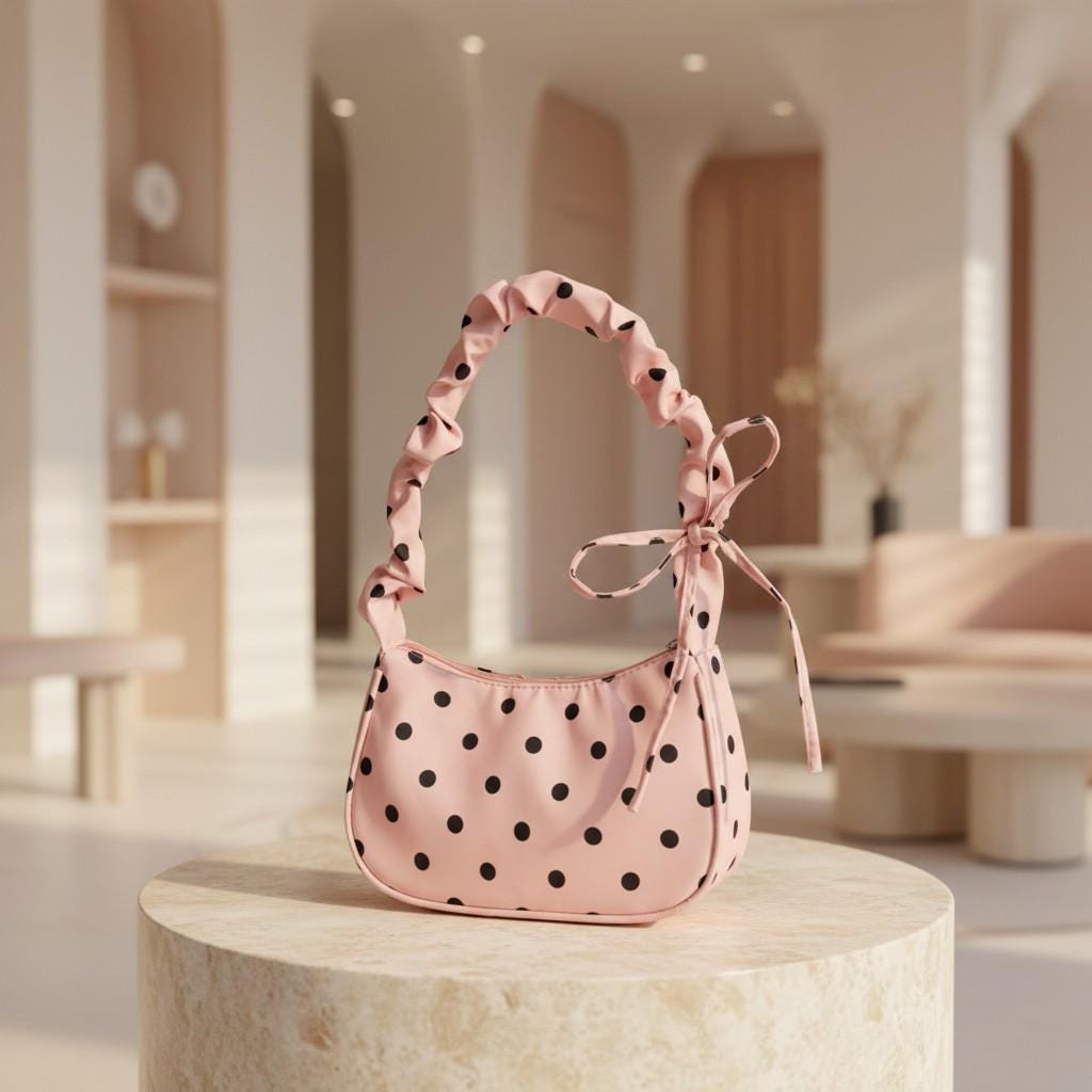 Pink Polka Dot Shoulder Bag, Bow Ribbon Strap Purse, Y2K Baguette Handbag, Coquette Pink Bag, Cute Everyday Purse